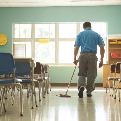 A Janitor Mopping the Floor of an Empty Classroom