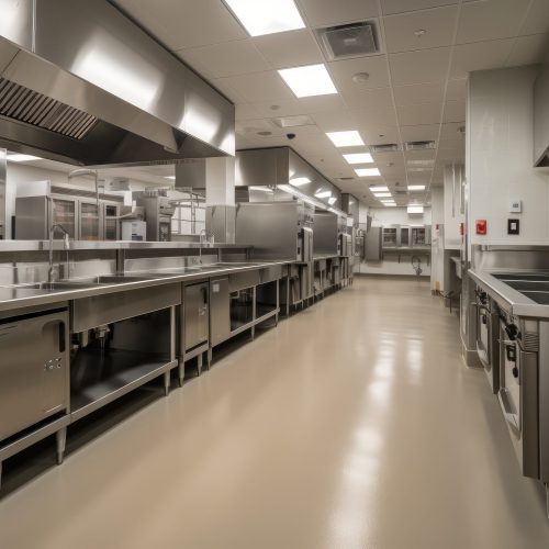 large-scale commercial kitchen with industrial dishwashers and cleaning stations, retrofitted for modern use, created with generative ai