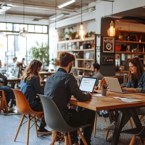 A group of startup founders and venture capitalists collaborating in a modern  stylish coworking space during a virtual networking event